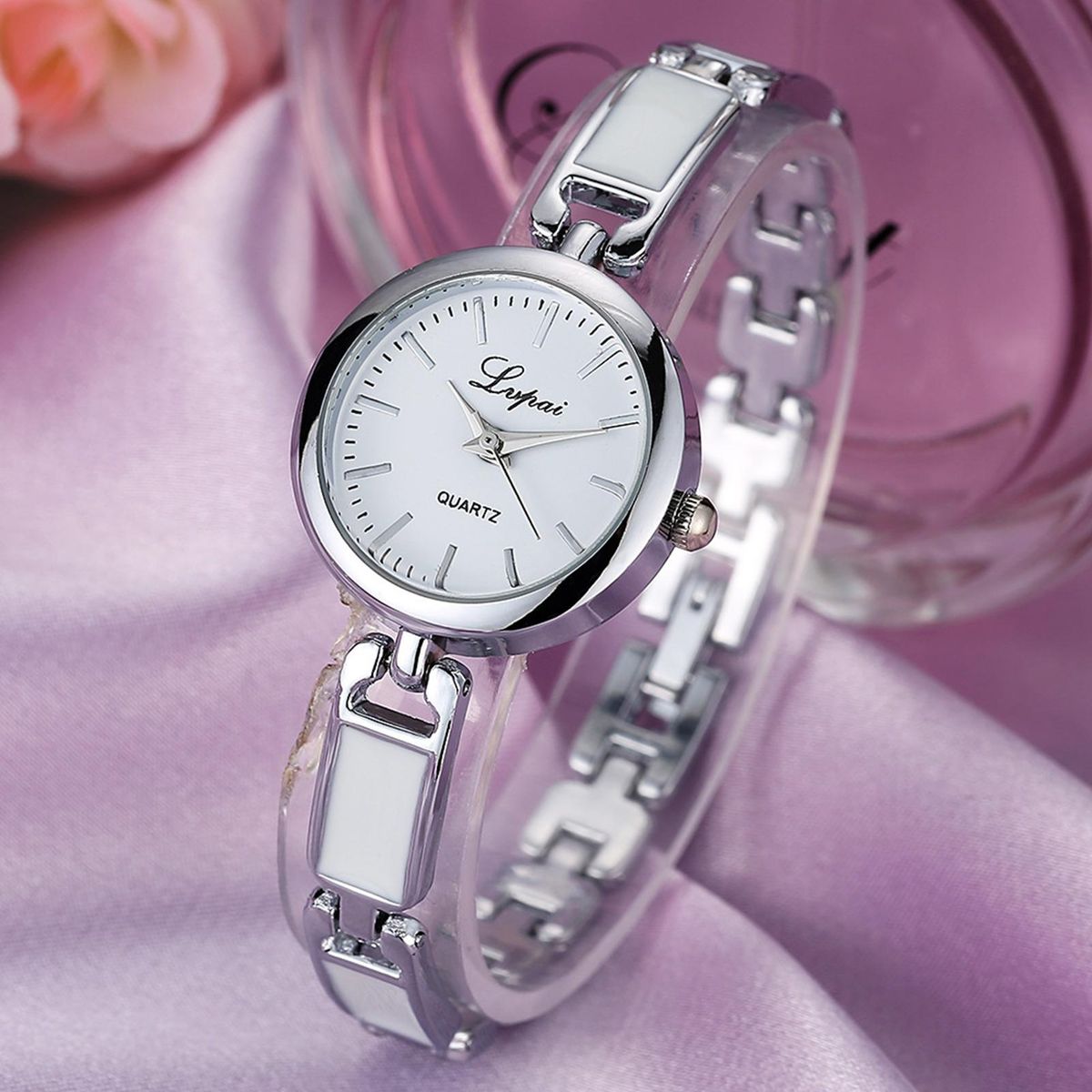 Women Metal Watch Ladies Girls Dress Wristwatch Silver White