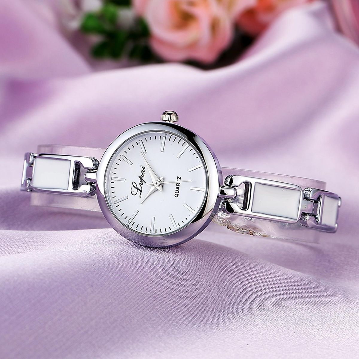 Women Metal Watch Ladies Girls Dress Wristwatch Silver White