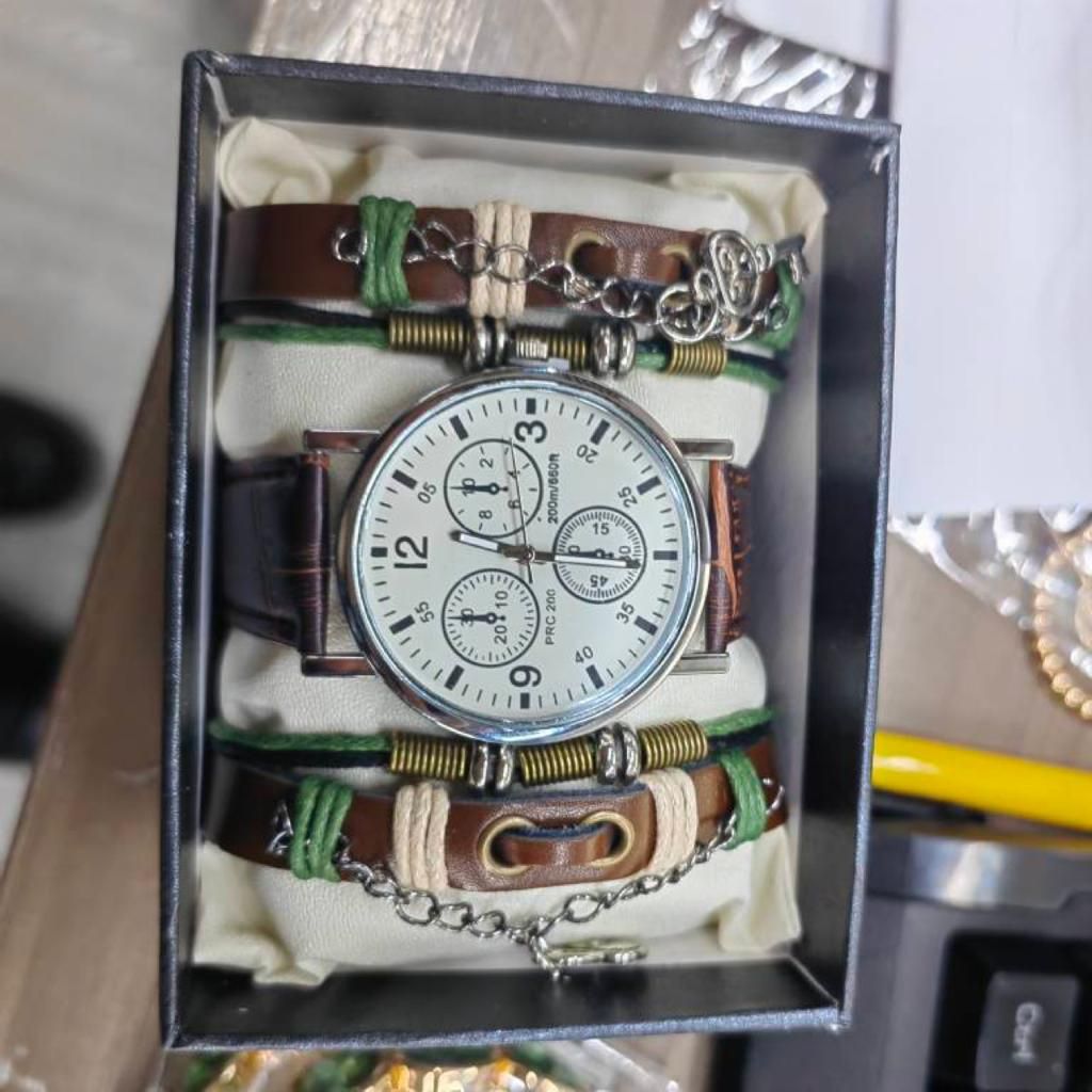 3 In 1 Leather Hand Quartz Watch Set With Box