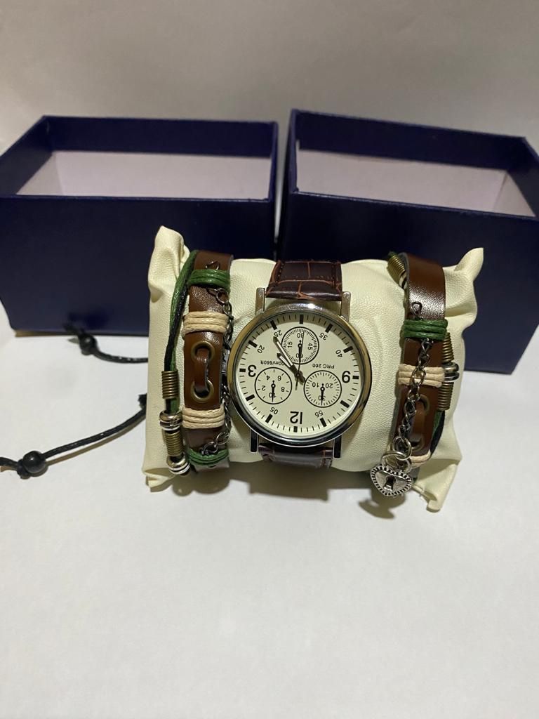 3 In 1 Leather Hand Quartz Watch Set With Box