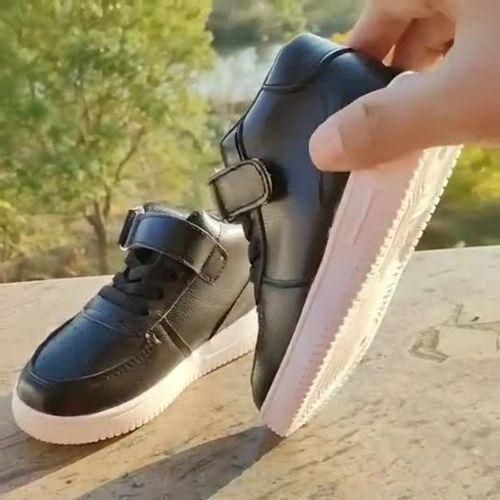 Children's PU Leather Sports Shoes Boys Casual Girls Mid-top Sneakers Black