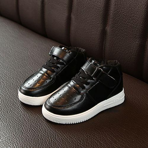 Children's PU Leather Sports Shoes Boys Casual Girls Mid-top Sneakers Black