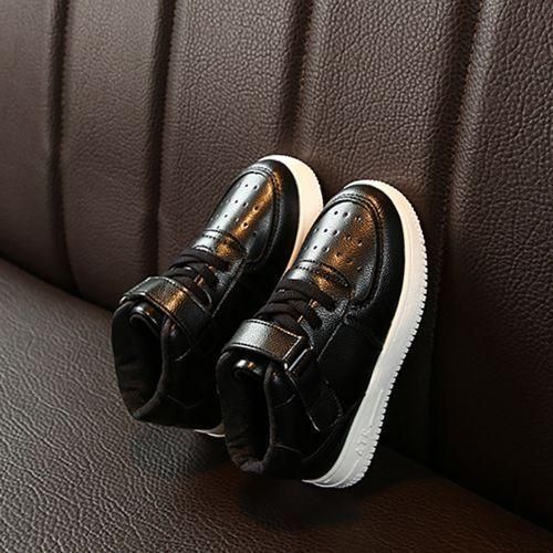 Children's PU Leather Sports Shoes Boys Casual Girls Mid-top Sneakers Black