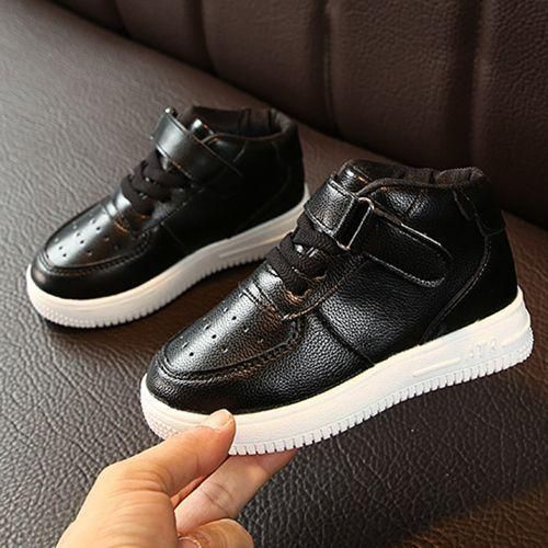 Children's PU Leather Sports Shoes Boys Casual Girls Mid-top Sneakers Black