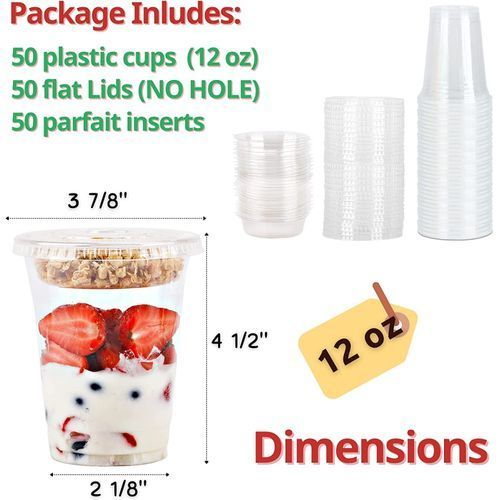 12 Oz Clear Plastic Parfait Cups With Insert 3.25oz & Flat