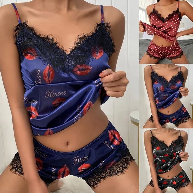 Women's Satin Lace Pyjamas Sleepwear Set Blue