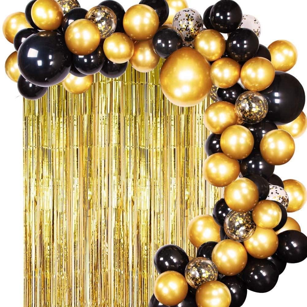 Black Gold Balloons with Tinsel Curtain Black Gold Balloon