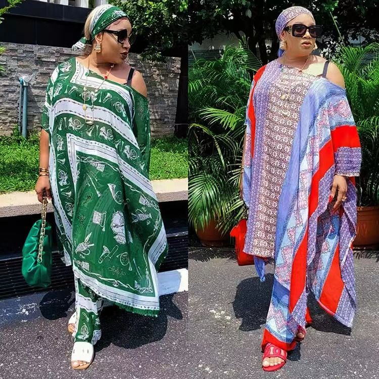 {MijaGrace}Women's Chiffon Printed PLUS-SIZE/FREE SIZE Dress And Pants, 2 Piece Set - GREEN