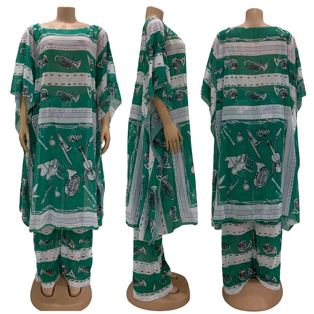 {MijaGrace}Women's Chiffon Printed PLUS-SIZE/FREE SIZE Dress And Pants, 2 Piece Set - GREEN