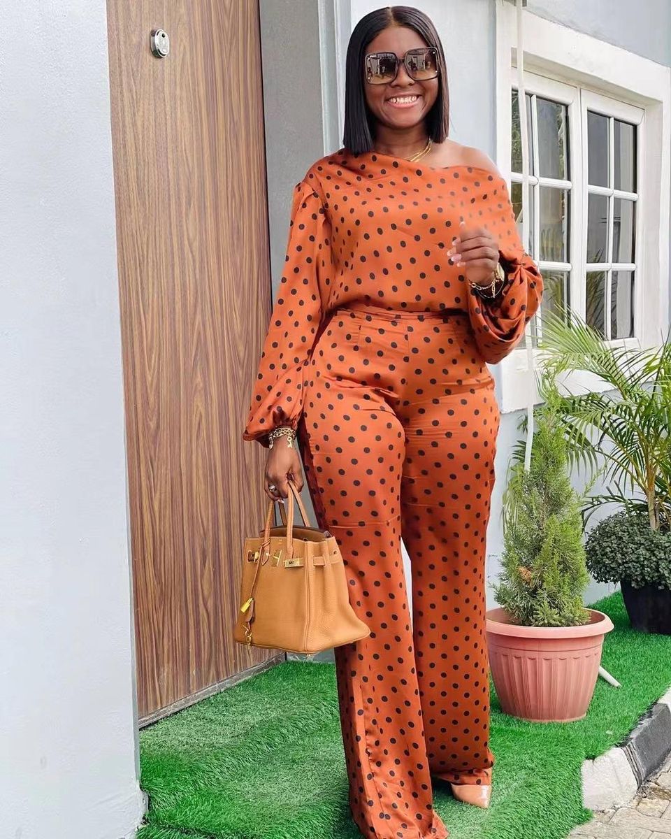 Women's Polka Dot Printed Casual Loose Diagonal Shoulder Trousers Two-piece Suit