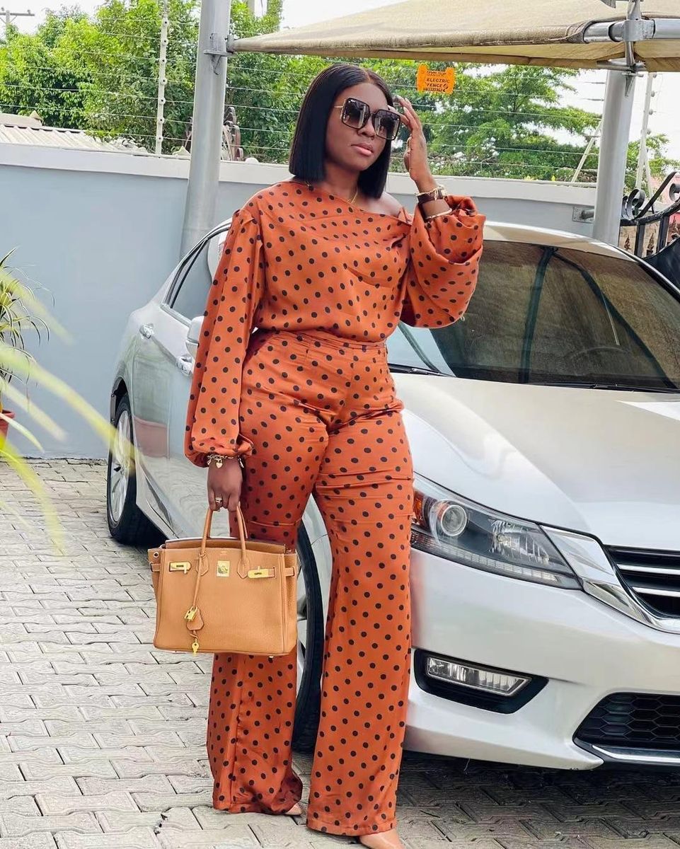 Women's Polka Dot Printed Casual Loose Diagonal Shoulder Trousers Two-piece Suit