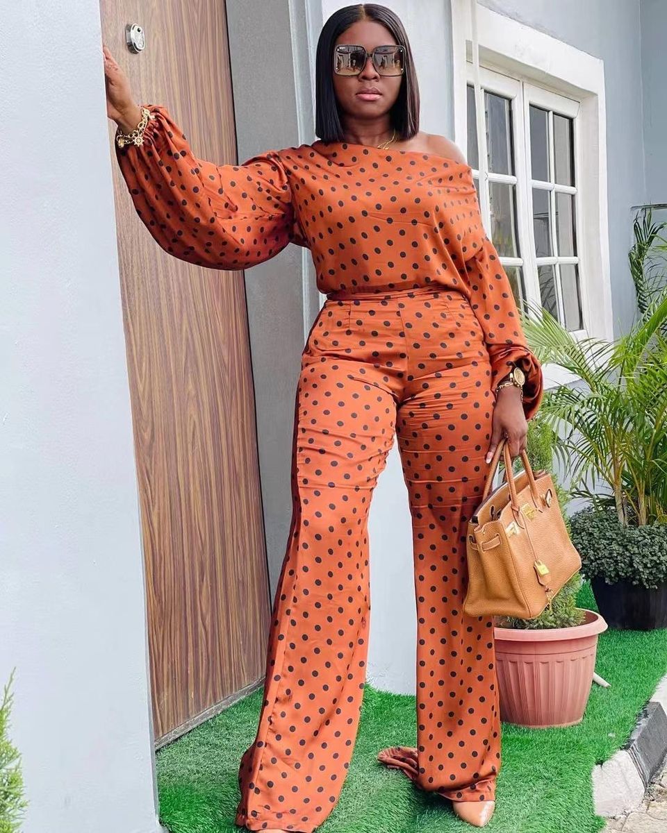 Women's Polka Dot Printed Casual Loose Diagonal Shoulder Trousers Two-piece Suit