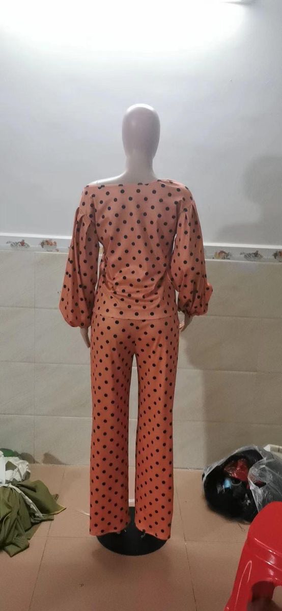 Women's Polka Dot Printed Casual Loose Diagonal Shoulder Trousers Two-piece Suit