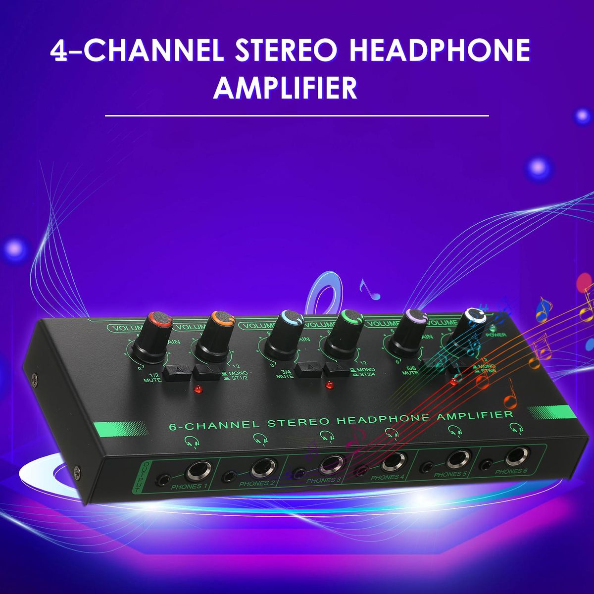 6-Channel Stereo Headphone Amplifier Compact 6 Channels Mini Audio Stereo Headphone Amp with 6.35mm/3.5mm Input Volume Control In-ear Monitoring System for Stage and Studios