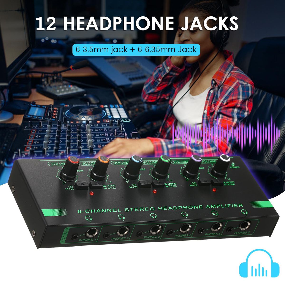 6-Channel Stereo Headphone Amplifier Compact 6 Channels Mini Audio Stereo Headphone Amp with 6.35mm/3.5mm Input Volume Control In-ear Monitoring System for Stage and Studios