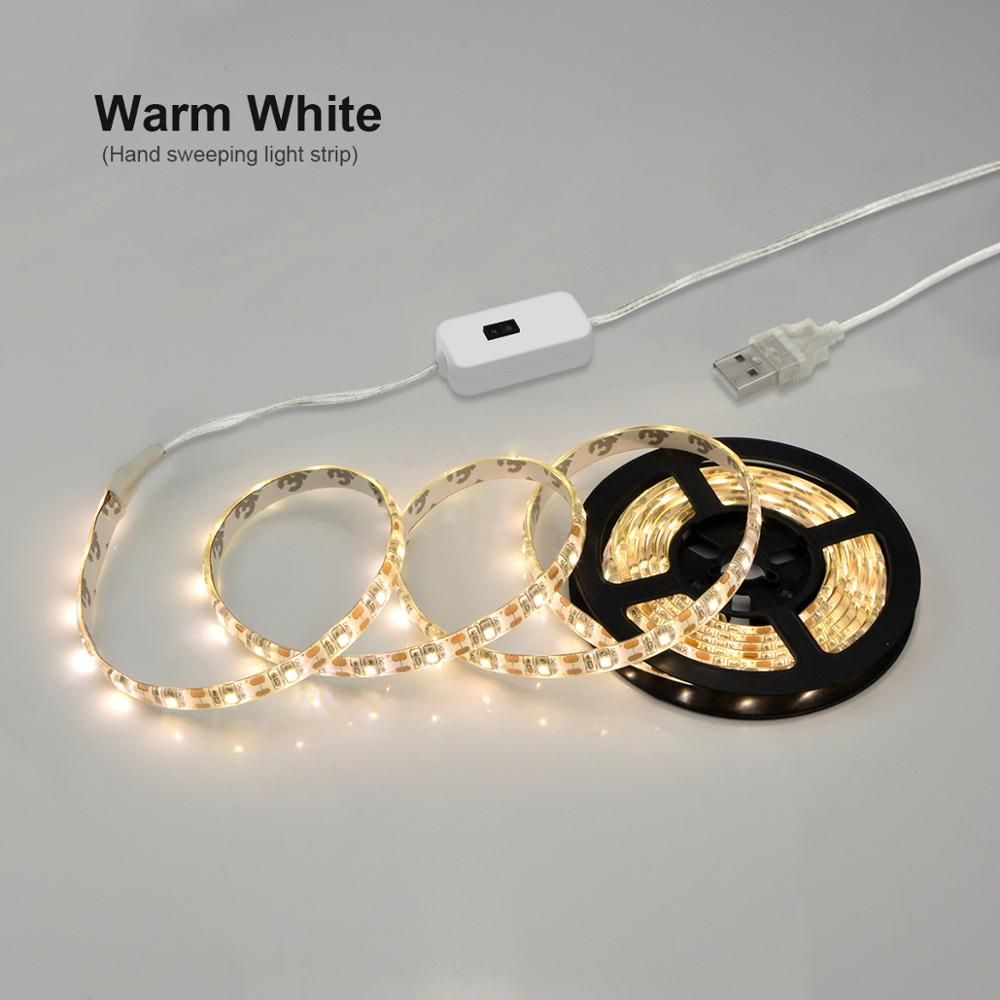 DC 5V Hand Sweep Sensor LED Strips Flexible Tape USB Cable Powered Ribbon Diode Tape LED Lights 1- 5M For Kitchen Cabinet Lamp-Warm White-5M--