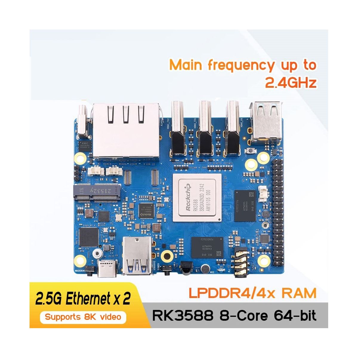 For Orange Pi 5 Plus Development Board 4G+32G Memory Card RK3588 64Bit 2.5G M.2 Slot Support 2230 Wi-Fi 6 BT Module