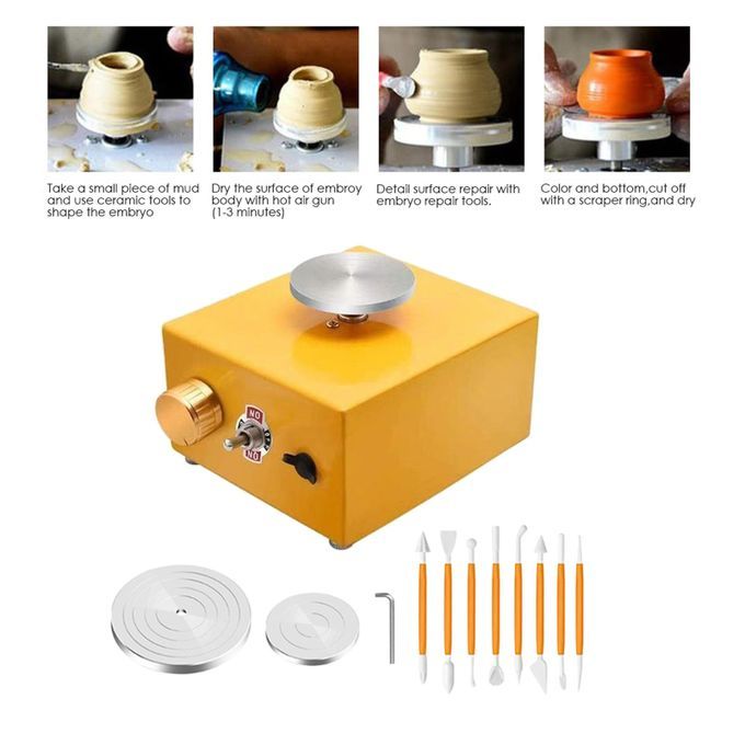 Mini Electric Pottery Wheel With Tray Forming Machine Speed Yellow