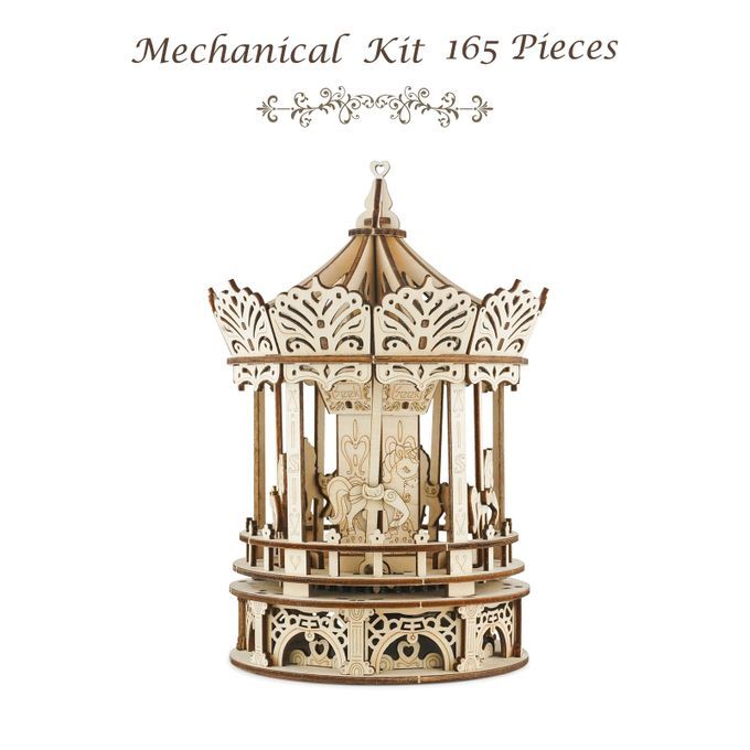 3D Wooden Puzzle Craft Music Box Carousel Mechanical Model Kits DIY Assemble