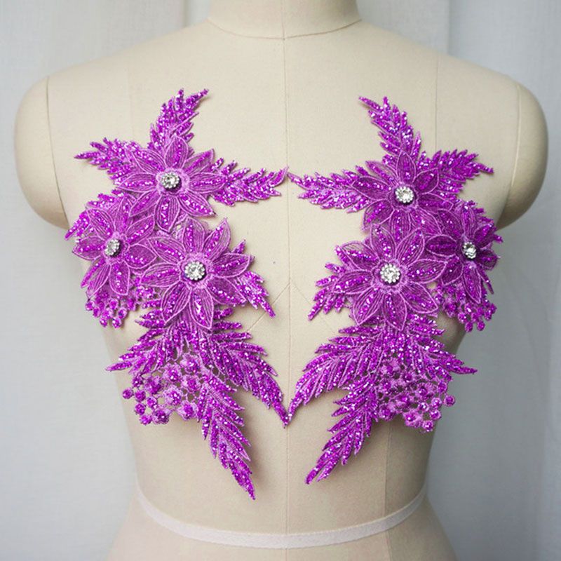 2Pcs Embroidered Sequin Cloth Sticker Rhinestones Sequin Lace Applique Sewing Flower Fabric Patch For Wedding Dress Diy Crafts Purple