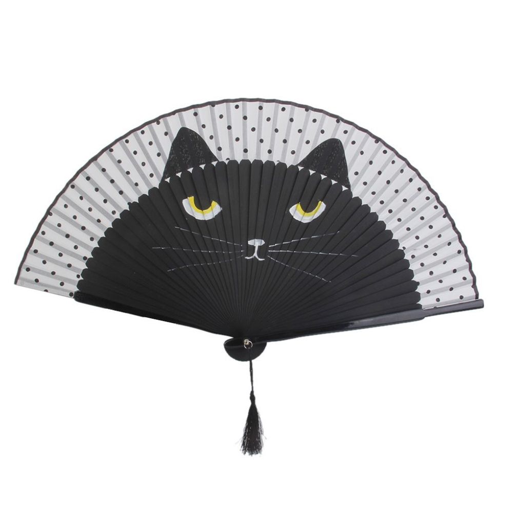 Hand Gift Fan Bamboo Art Fan Cat Crafts Cartoon Girls Decor Silk Hand Cat Folding Painted Wall