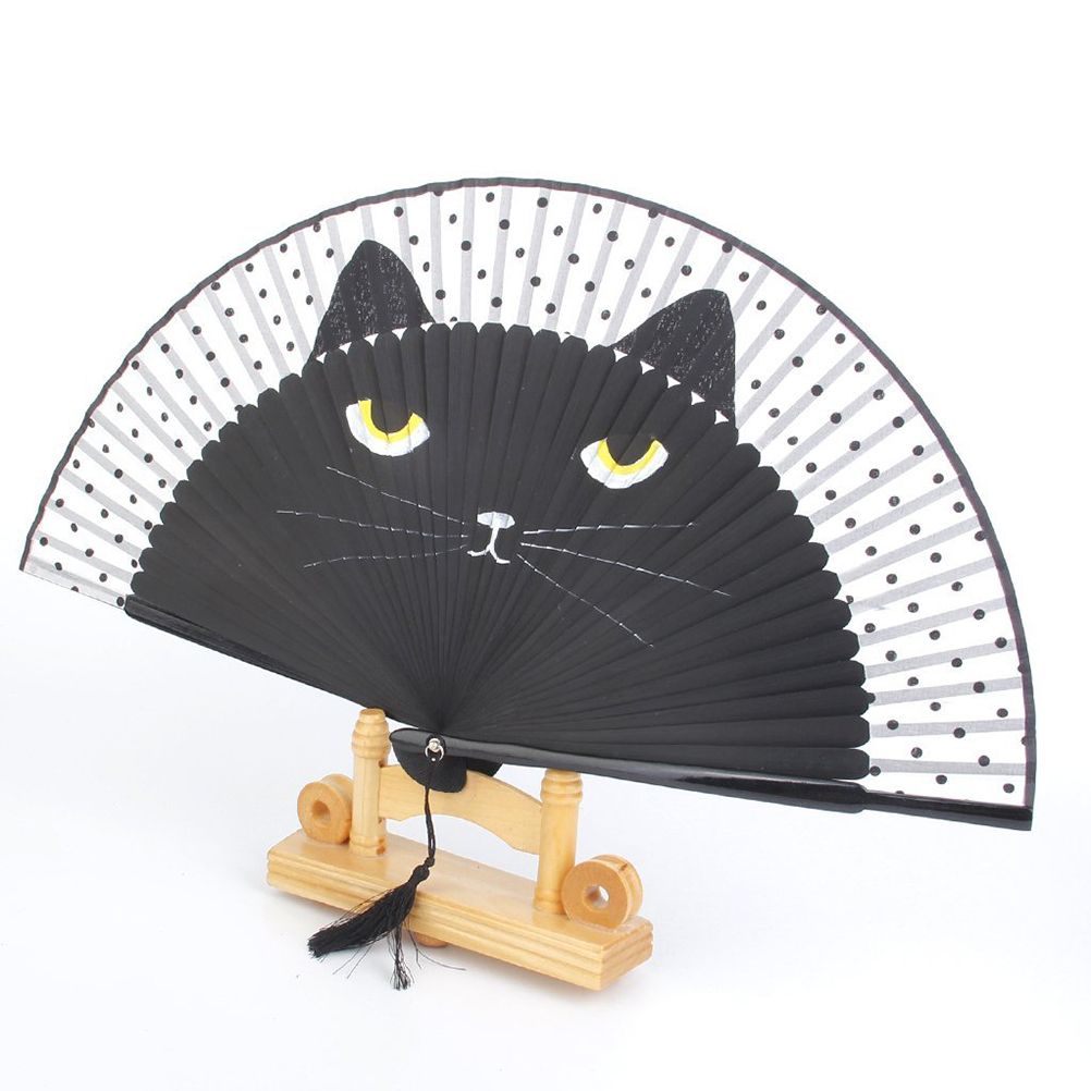 Hand Gift Fan Bamboo Art Fan Cat Crafts Cartoon Girls Decor Silk Hand Cat Folding Painted Wall