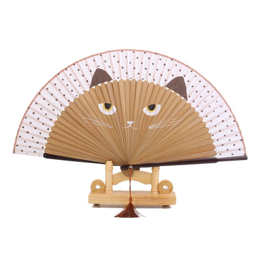 Hand Gift Fan Bamboo Art Fan Cat Crafts Cartoon Girls Decor Silk Hand Cat Folding Painted Wall