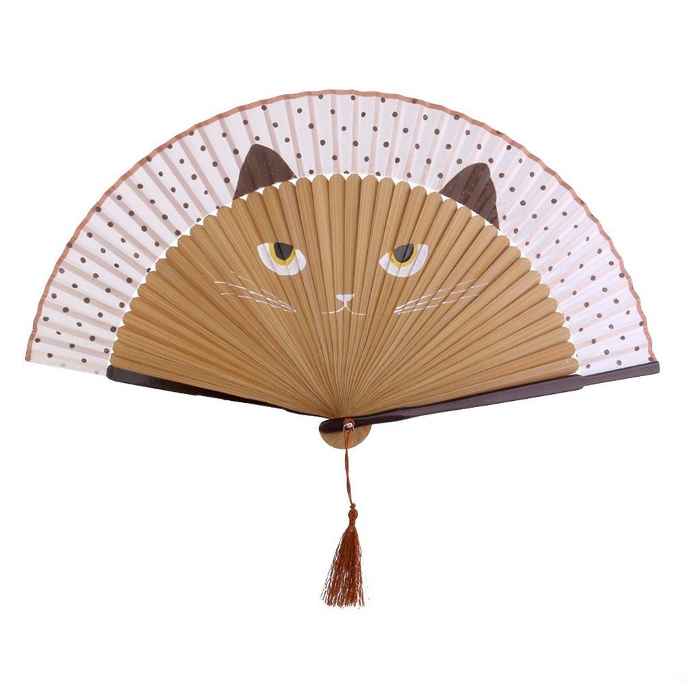 Hand Gift Fan Bamboo Art Fan Cat Crafts Cartoon Girls Decor Silk Hand Cat Folding Painted Wall
