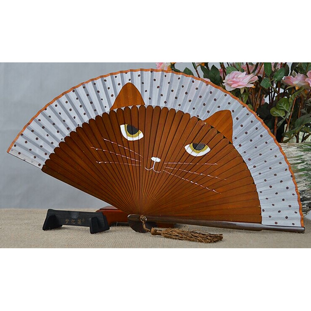 Hand Gift Fan Bamboo Art Fan Cat Crafts Cartoon Girls Decor Silk Hand Cat Folding Painted Wall