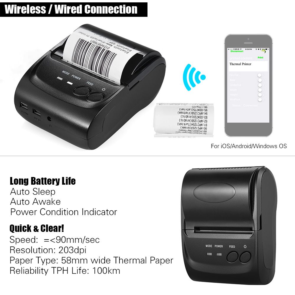POS-5802DD Mini Portable Wireless USB Thermal Printer Receipt Ticket POS Printing For IOS Android Windows