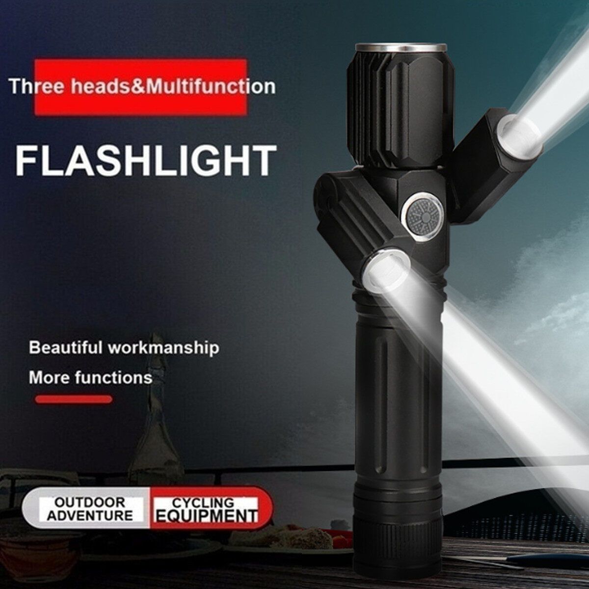 Multi-function USB Glare LED Three-head Flashlight Outdoor Waterproof Riding Direct Charger Black Rotary Zoom