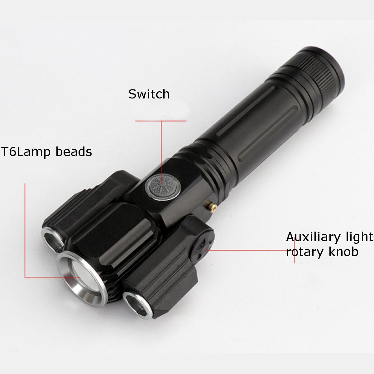 Multi-function USB Glare LED Three-head Flashlight Outdoor Waterproof Riding Direct Charger Black Rotary Zoom