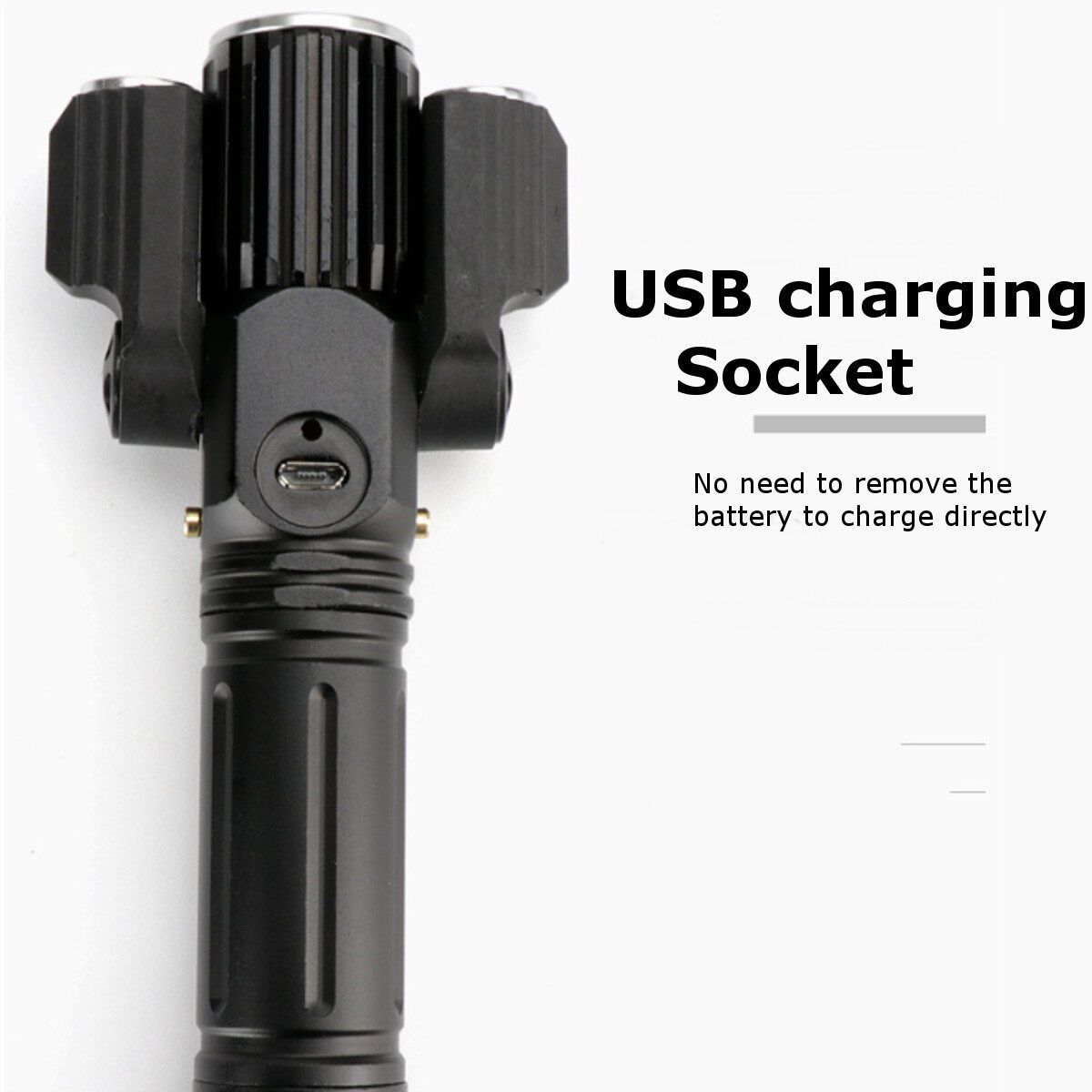 Multi-function USB Glare LED Three-head Flashlight Outdoor Waterproof Riding Direct Charger Black Rotary Zoom