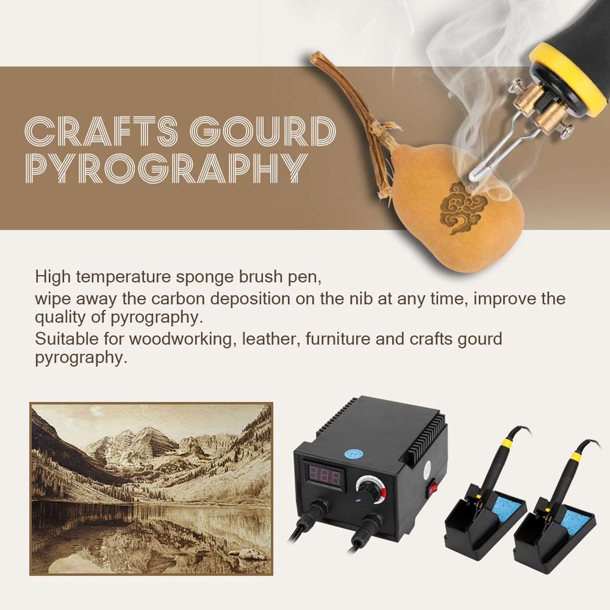 Wood Pyrography Machine Burning Pyrography 100W Adjustable Temperature Burner Wood Cautery Pyrography Pen Gourd Crafts Tool Set US Plug