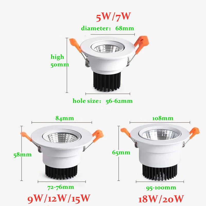 Dimmable AC90V-260V 5W7W9W12W15W18W20W LED Downlights Epistar Chip COB Recessed Ceiling Lamps Spot Lights For Home Illumination