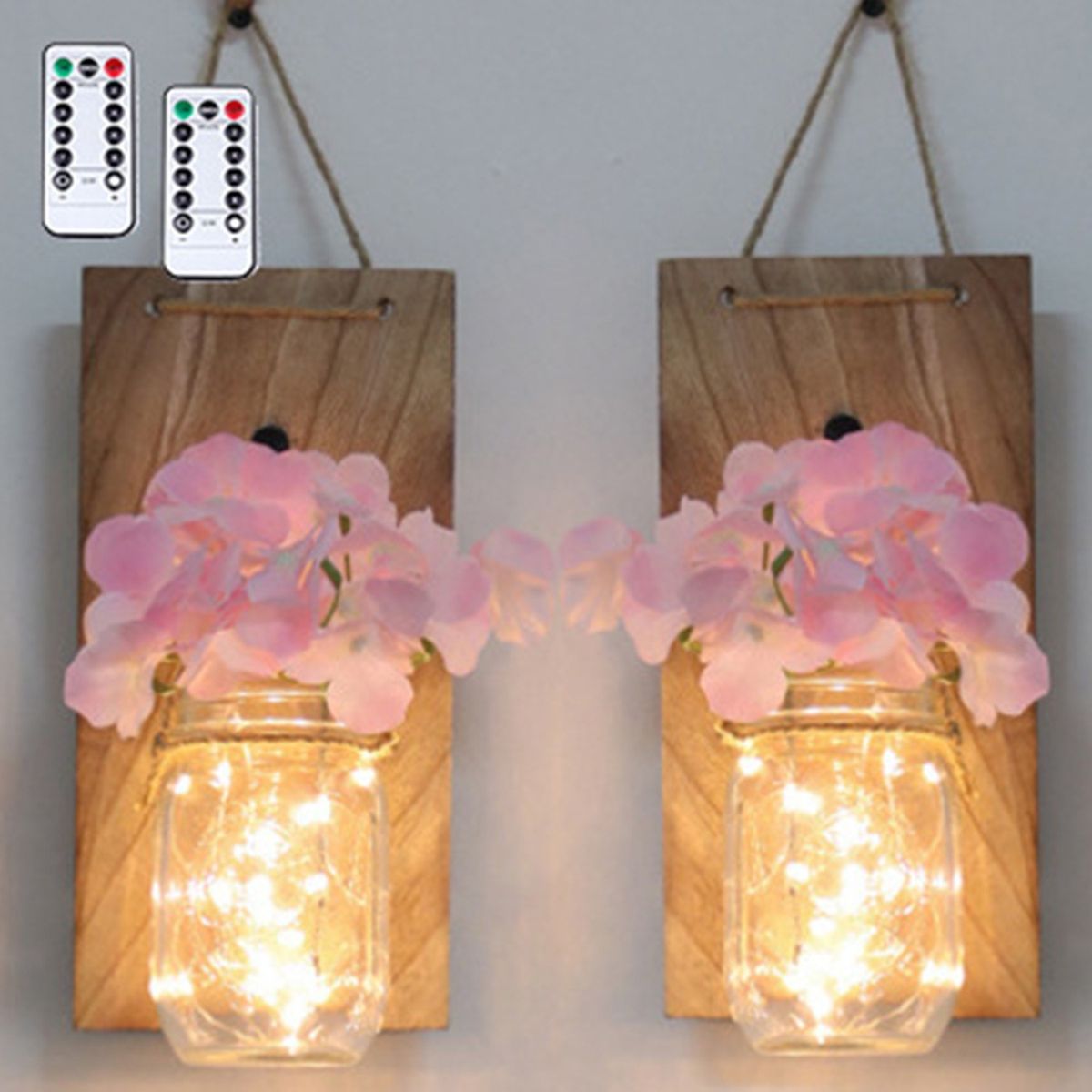 2PCS Hanging Glass Mason Jars LED Fairy Lights Wall Hanging