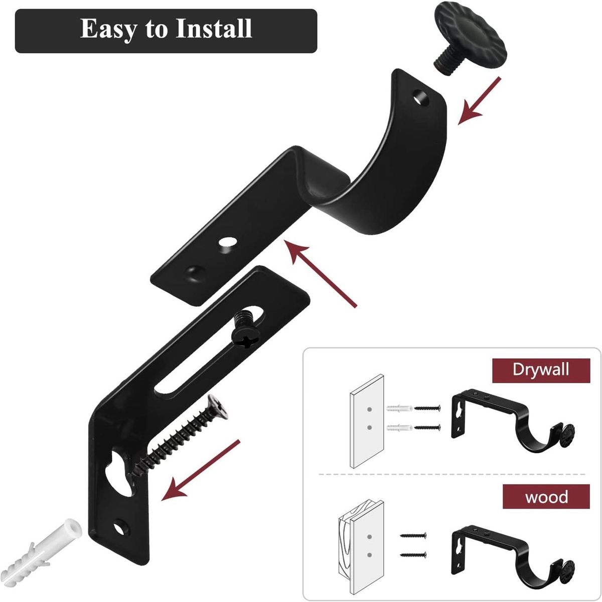 Adjustable Curtain Rod Bracket Heavy Duty Curtain Rod Holders Black 4 Pack Curtain Rods Hooks Hangers for Wall Curtain