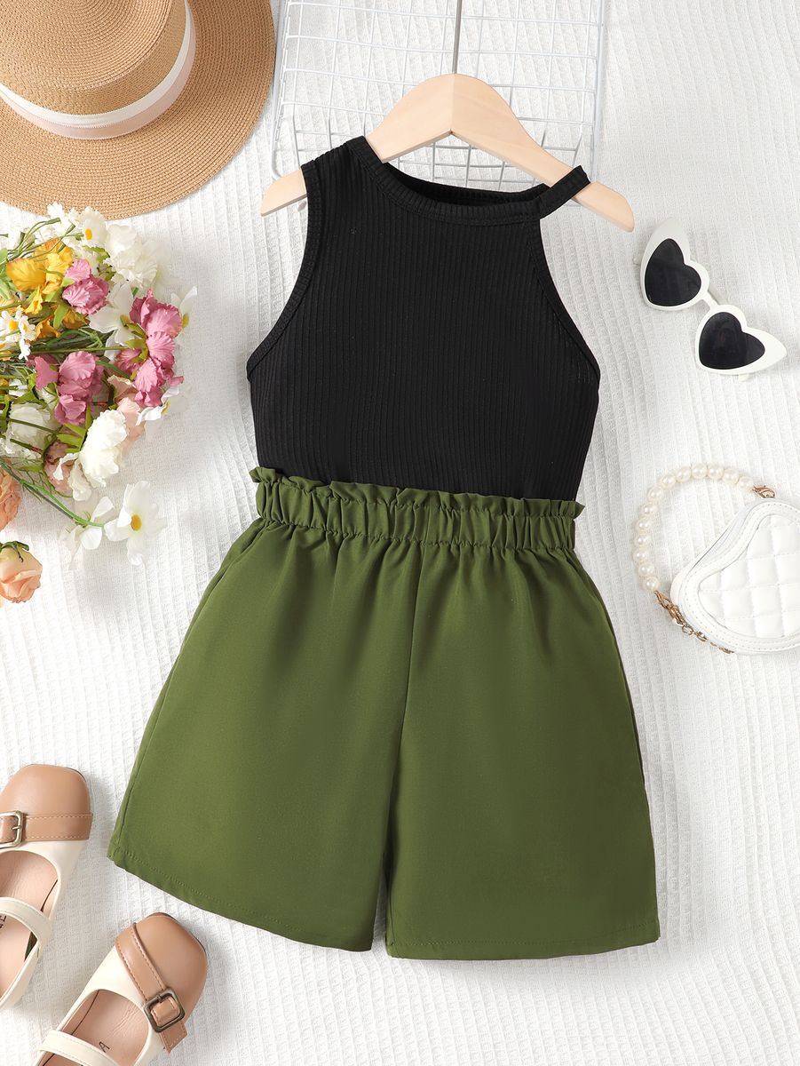 Girls Fashion Sleeveless Black Top High Waisted Shorts