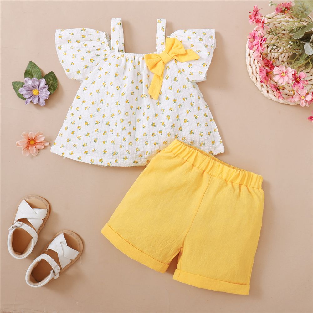 0-4Years Girl Floral Off Shoulder Short Sleeve Top+Shorts