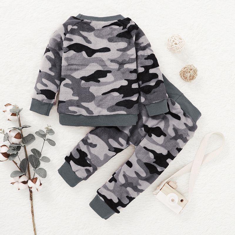 1-4Y Kid Boys Winter Warm Long Sleeves Fleece Clothes Set -Grey Camou