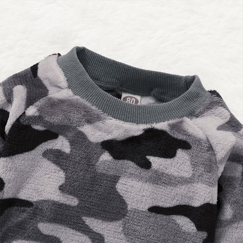 1-4Y Kid Boys Winter Warm Long Sleeves Fleece Clothes Set -Grey Camou