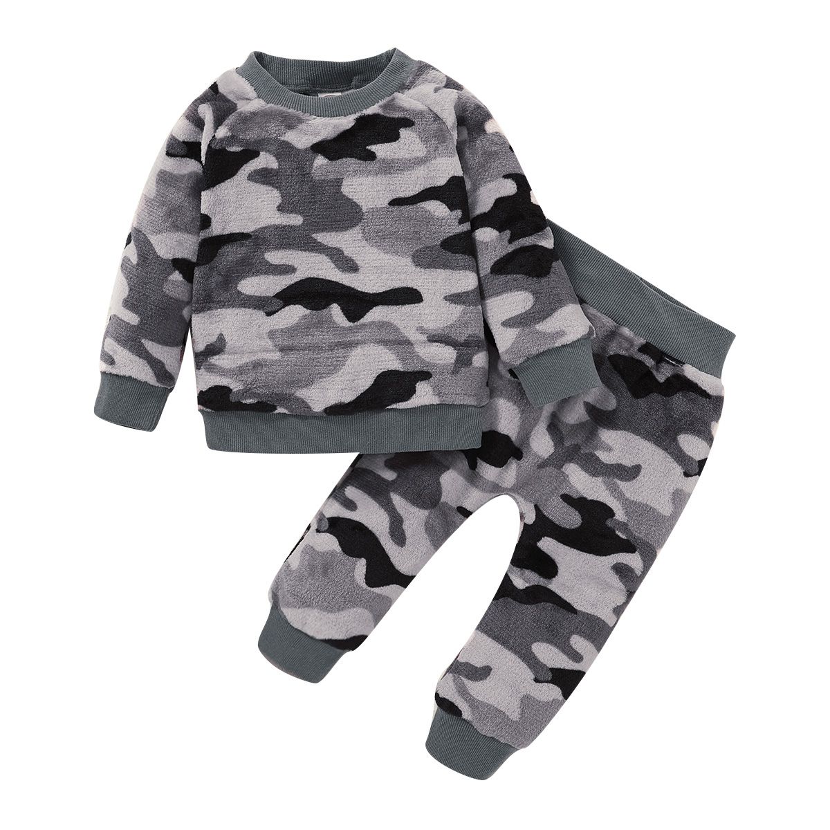 1-4Y Kid Boys Winter Warm Long Sleeves Fleece Clothes Set -Grey Camou