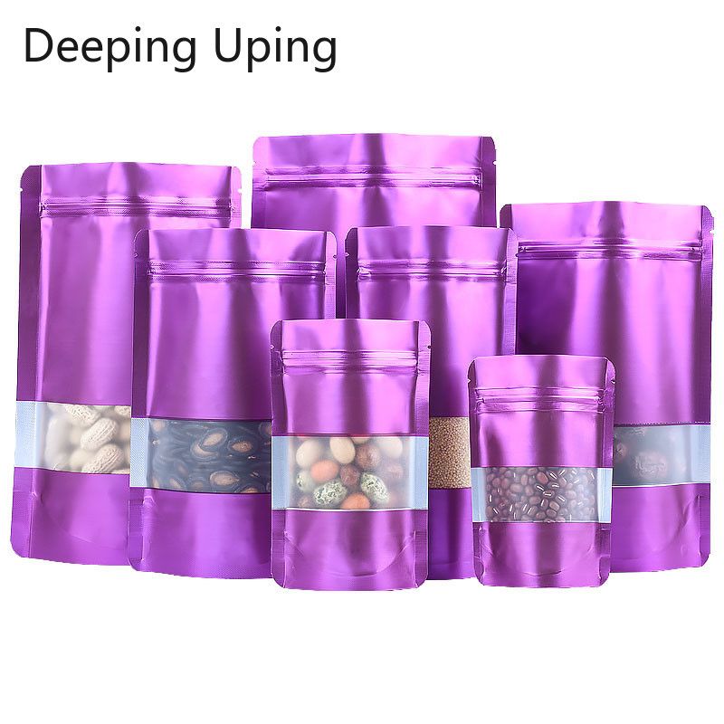 100Pcs Aluminum Foil Bag Mask Bag Food Bags Plastic Tea Mylar Pouches Powder Packaging Pouches Stand Up Window Zip Lock Purple-