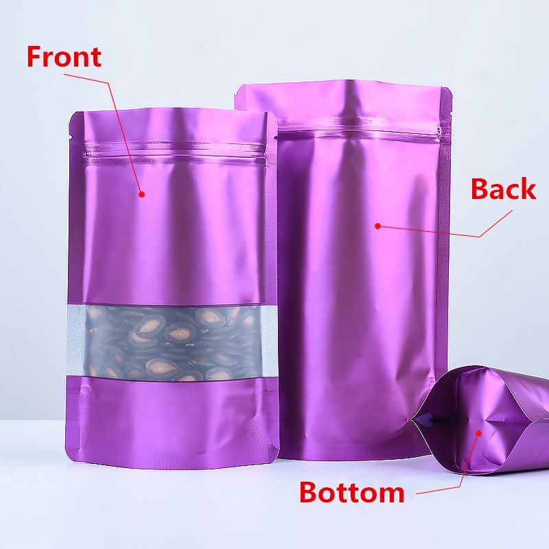 100Pcs Aluminum Foil Bag Mask Bag Food Bags Plastic Tea Mylar Pouches Powder Packaging Pouches Stand Up Window Zip Lock Purple-