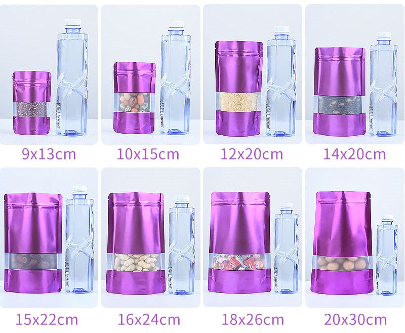100Pcs Aluminum Foil Bag Mask Bag Food Bags Plastic Tea Mylar Pouches Powder Packaging Pouches Stand Up Window Zip Lock Purple-
