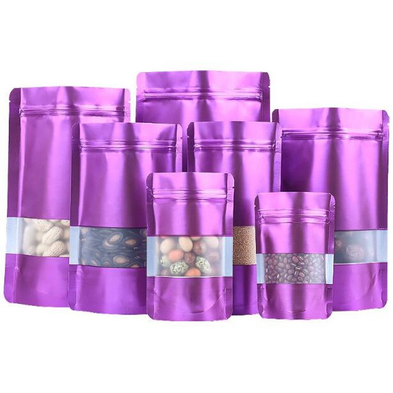 100Pcs Aluminum Foil Bag Mask Bag Food Bags Plastic Tea Mylar Pouches Powder Packaging Pouches Stand Up Window Zip Lock Purple-