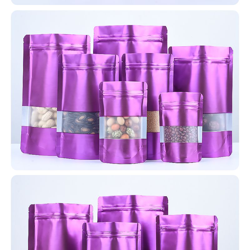 100Pcs Aluminum Foil Bag Mask Bag Food Bags Plastic Tea Mylar Pouches Powder Packaging Pouches Stand Up Window Zip Lock Purple-