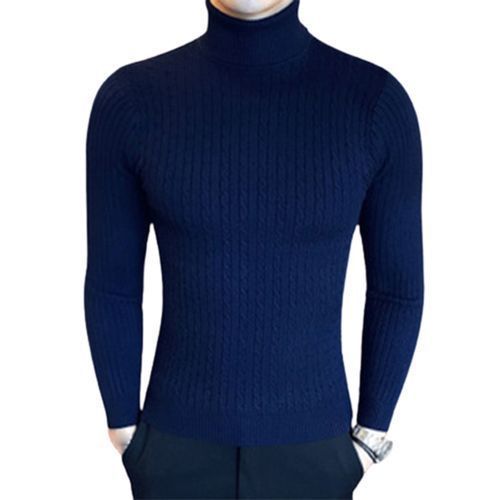 Men Winter Turtle Neck Long Sleeve Warm Sweater-Navy Blue