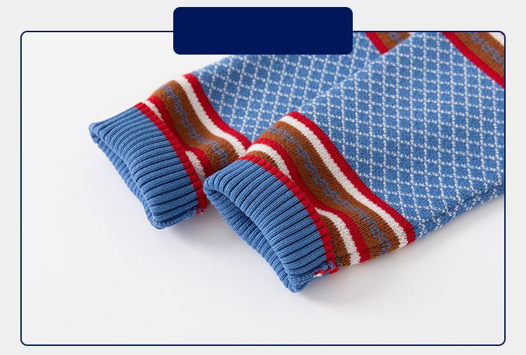 100% Cotton Kids Pullover Turn Down Collar Long Sleeve Boys Sweaters-Blue