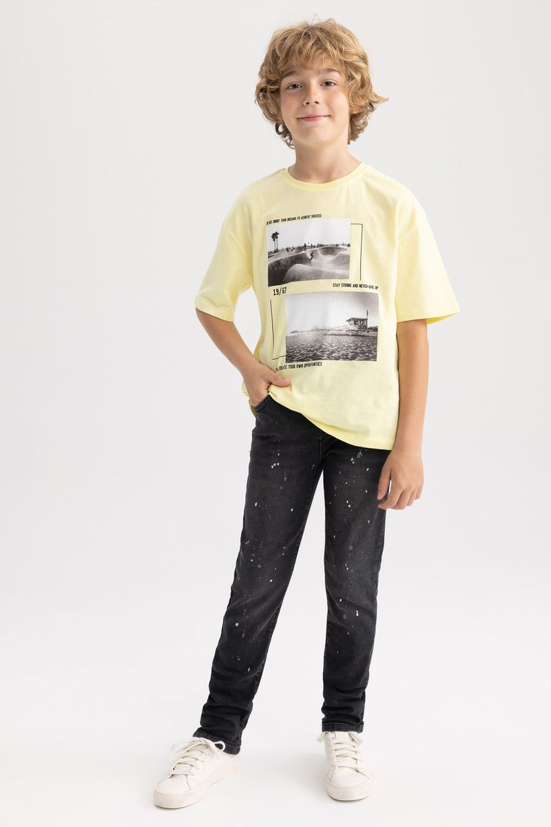 Boy Casual Oversize Fit Crew Neck Knitted Short Sleeve T-Shirt - Yellow